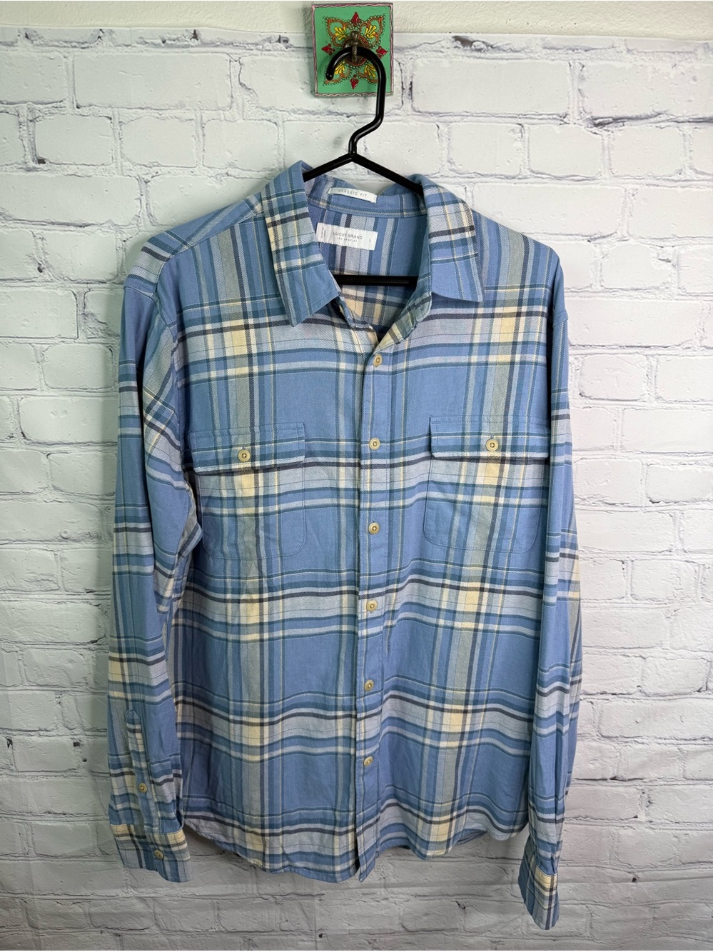 LUCKY BRAND Classic Fit Blue Flannel Button Down Shirt Large